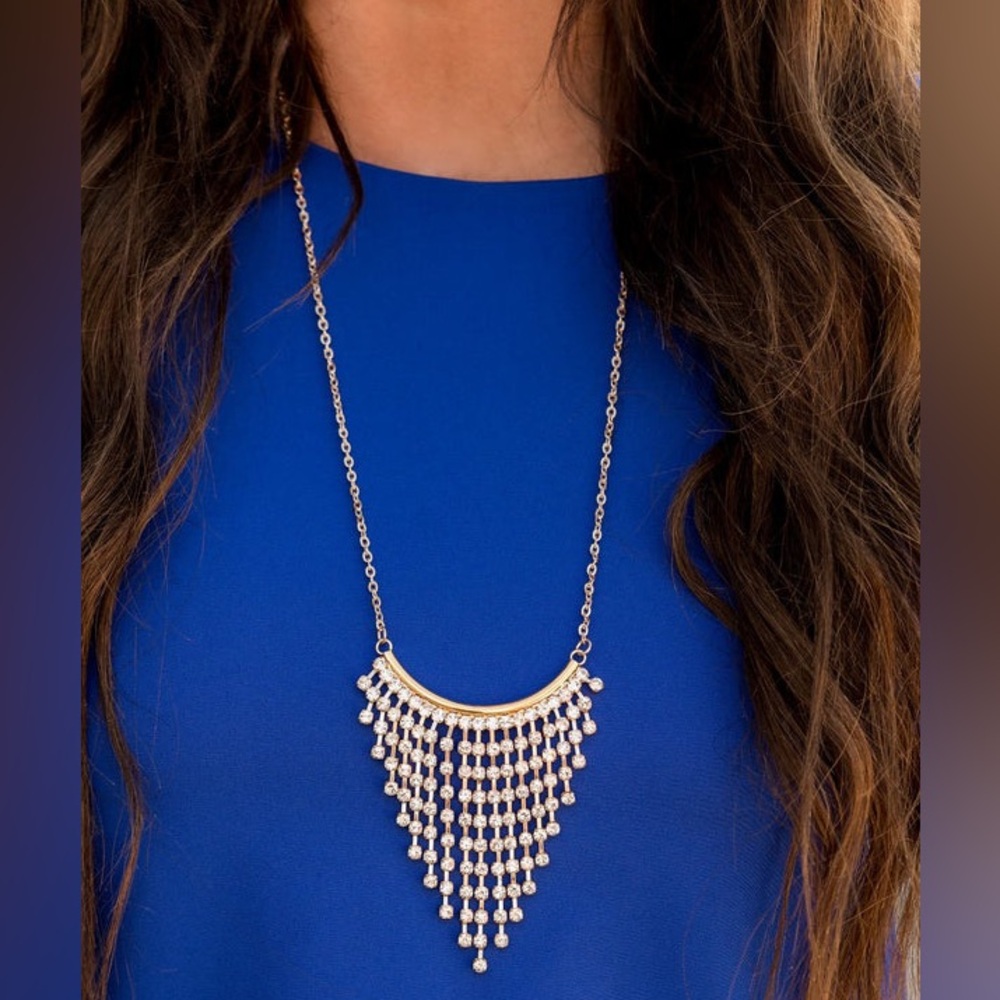 Glitter Bomb - Gold Tiered Rhinestone Fringe Necklace